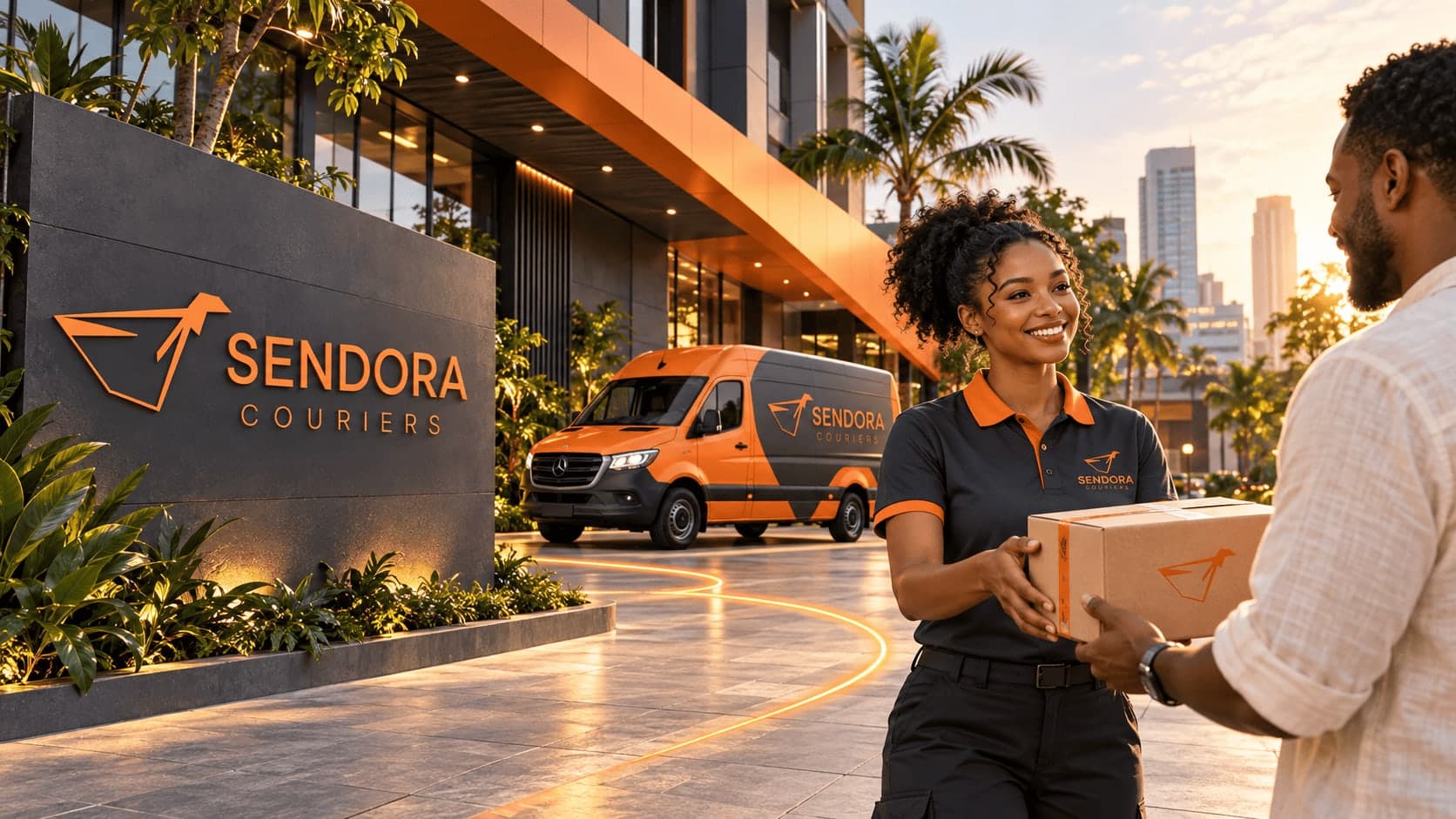 Sendora courier handing a branded parcel to a customer beside a Sendora delivery van